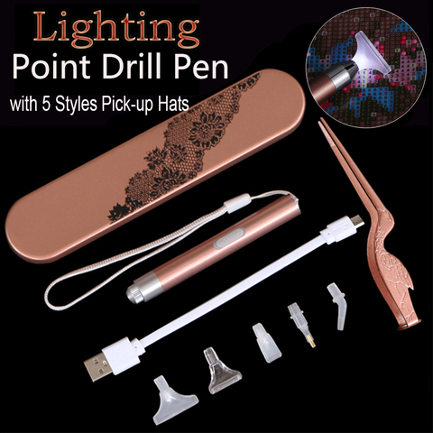 USB Rechargeable 5D Diamond Painting Lighting Point Drill Pen Set Square/Round Drill DIY Diamond Painting Tool With 5 Styles Hat ► Photo 1/6