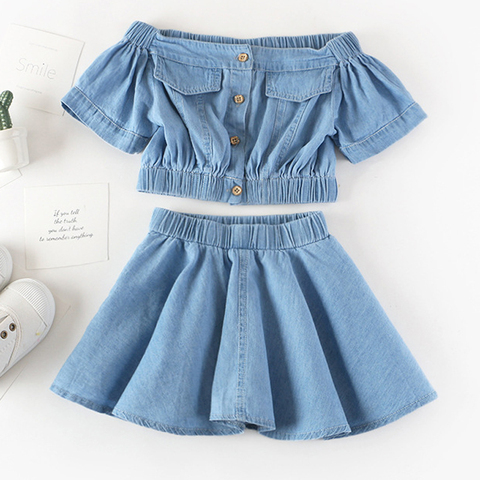 Summer Girls' Clothing Sets Korean Denim Short-sleeved T-shirt+High Waist Skirt 2PCS Baby Kids Clothes Suit Children Clothing ► Photo 1/6