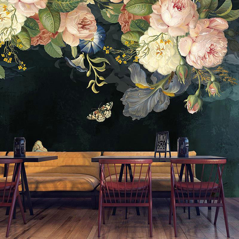 Custom 3D Wallpaper Silk Cloth Waterproof Canvas Murals Wall Painting Pastoral Floral Flower Oil Painting Black Mural Wallpaper ► Photo 1/6