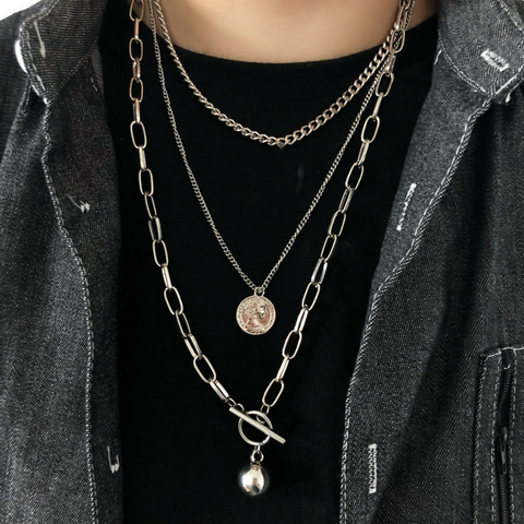 New Trendy Metal Ball Coin Cross Pendant Multi-layer Punk  Design Long Chain Necklace For Women men Jewelry Gifts ► Photo 1/6