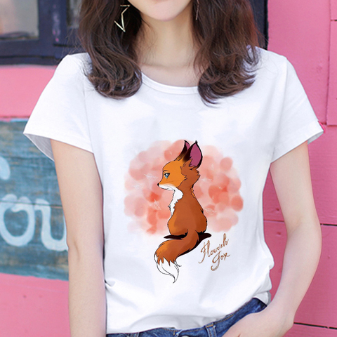 2022 new kawaii fox printed T shirt Women hipster cute T-shirt female Fashion seasons Harajuku white 0-neck tops Tshirt clothing ► Photo 1/6