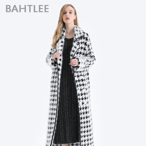 BAHTLEE Women Angora Long Coat Houndstooth Pattern Sweater Winter Wool Knitted Cardigans Jumper Turn Down Collar Long Sleeves ► Photo 1/6