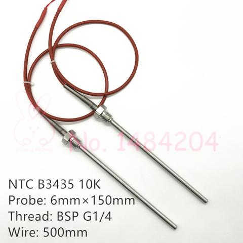 2x NTC 3435 10K Thermistor Temperature Sensor SUS304 Probe 6mm*150mm Wire 500mm / 2m 0~200 Degree Thread G1/4