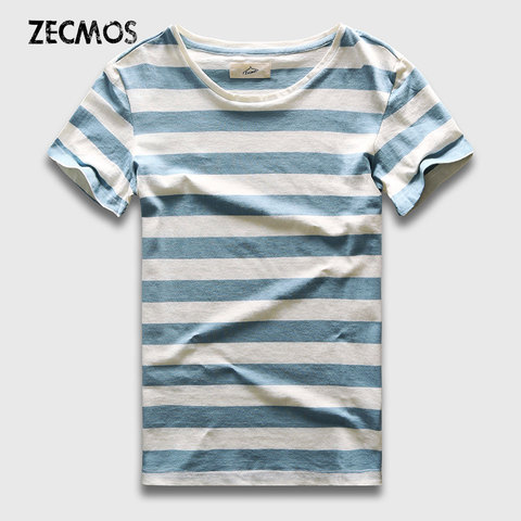 Zecmos New Men Stripe T-Shirt Fashion O Neck Short Sleeved Slim Fit Blue Striped T Shirt Man ► Photo 1/6