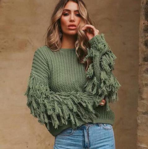 tassel  Red Sweater with Fringe Sleeves Women Sexy Loose Long Sleeve Knitted Jumpers 2022 Autumn Winter Female Pullovers ► Photo 1/6