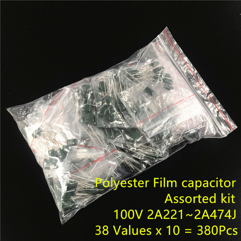 100V Mylar Film Capacitor assorted Kit 2A221~2A474J 220pF~470nF 38value x 10pcs Polyester Film capacitor ► Photo 1/2