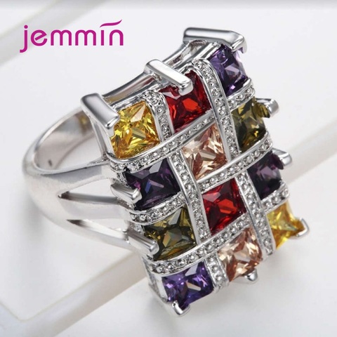Boutique Women 925 Sterling Silver Colorful Geometric Rings Square Big Cubic Zircon Romantic Promise Engagement Jewelry ► Photo 1/4