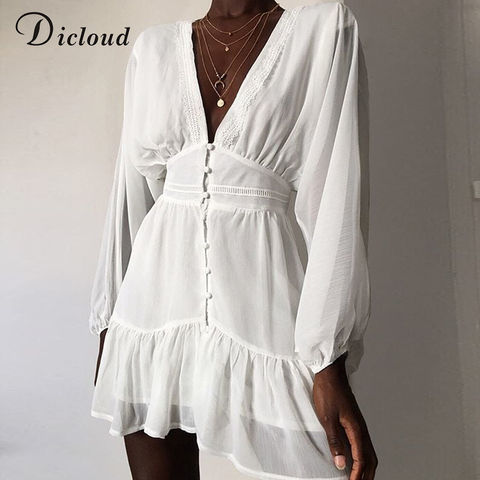 DICLOUD Sexy Plunge V Neck Women's Summer Dress White Lace Long Sleeve Mini Party Dress Autumn Ruffle Elegant Clothes 2022 ► Photo 1/5