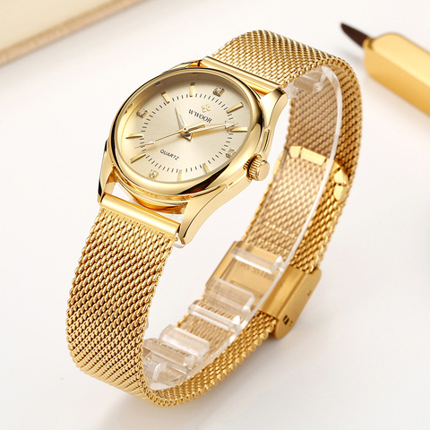 WWOOR Luxury Brand Dress Gold Watch Ladies Elegant Diamond Small Quartz Wrist Watches For Women Steel Mesh Clock zegarek damski ► Photo 1/6