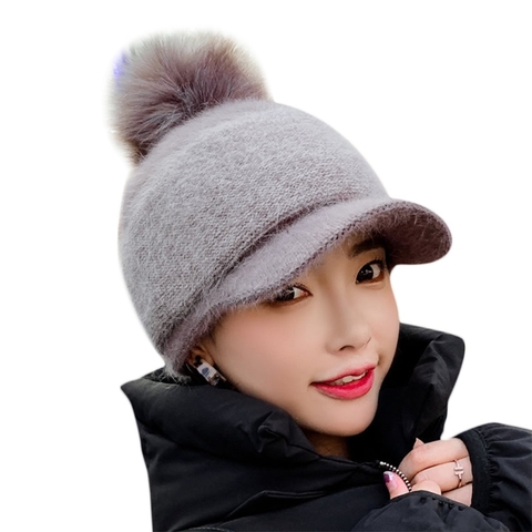 Women Winter Thick Warm Fuzzy Knit Beanie Cap with Visor Bill Cute Pompom Cold Weather Windproof Skullies Baseball Cap ► Photo 1/6