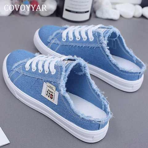 COVOYYAR Fashion Shoes Women 2022 Canvas Lace-up Half Slippers Flat Sneakers Woman Brushed White Black Casual Shoes WSL181 ► Photo 1/6