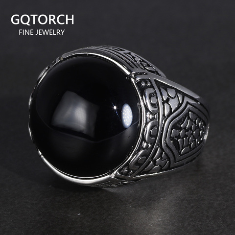Real Pure 925 Silver Rings Cool Vintage Ring With Round Black Natural Stones Turkish Rings For Men Sterling Silver Jewelry ► Photo 1/6