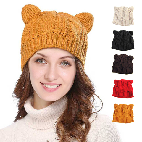 Stylish Bear Cat Ears Cute Hats for Women Brand Knitting Warm Korean Lovely Beanies Winter Knitted Cap Valentine's Day Gift ► Photo 1/6