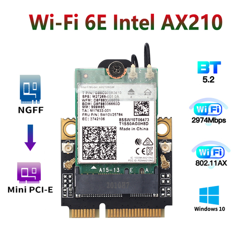 Dual Band 2974Mbps Wireless Adapter Wi-Fi 6E Mini PCI-E Intel AX210 Wifi Card Bluetooth 5.2 802.11ax 2.4G/5G Than Intel AX200 ► Photo 1/6
