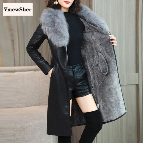 VmewSher Winter Women Leather Jacket Big Fur Collar New Plush Lined Velvet Warm Slim Belt Long Leather Coat Female Outwear M-4XL ► Photo 1/6