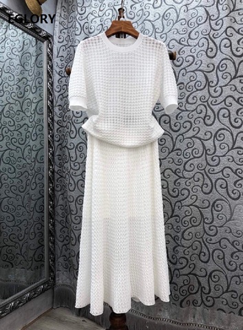 2022 Autumn Fashion Sweater Suits Women Wave Patterns Knitted Pullovers+Mid-Calf Length A-Line Knitted Skirt Set Blue White 2pc ► Photo 1/5