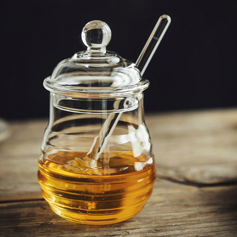 Glass Honey Jar High Borosilicate Glass Kitchen Jar Honey Pot with Dipper and Lid Storage Jar Container for Honey Syrup 250ML ► Photo 1/6