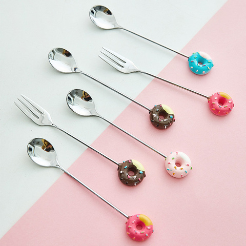 1PC Donut Cute Stainless Steel Doughnut Dessert Spoon Fork Coffee Ice Cream Candy Kitchen Flatware Baby Kids Dinnerware ► Photo 1/6