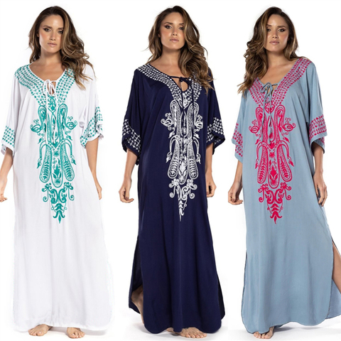 Embroidery Kaftan Beach Tunic Cotton Beach Cover up Saida de Praia Swimsuit Women Bikini cover up Pareo Sarong Beachwear #Q775 ► Photo 1/6