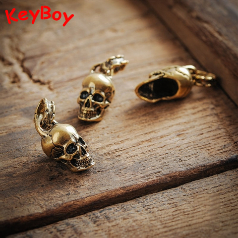 Vintage Punk Skull Head Keyring Hanging Jewelry Pure Copper Motorcycle Car Key Chain Rings Pendant Metal Brass Men Keychain Gift ► Photo 1/5