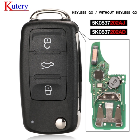 Kutery Keyless go 5K0837202AJ 3 Buttons Remote Key for VW Caddy Eos Golf Jetta Beetle Polo Tiguan Touran 5K0837202AD/ ► Photo 1/6