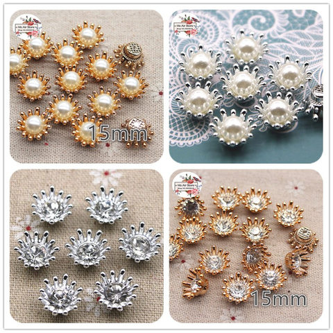 50pcs 15mm golden/silver rhinestone/pearl flower plastic flatback button decoration craft scrapbook accessories ► Photo 1/6