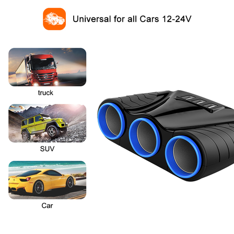 3 USB Port 3 Way 3.1A Blue Led Car Cigarette Lighter Socket Splitter Hub Power Adapter 12V-24V For iPad Smartphone DVR GPS  ► Photo 1/1