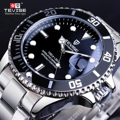 TEVISE Black Bezel Silver Stainlsee Steel Calendar Dispaly 2022 Luxury Brand Automatci Mechanical Wrist Watches Top Brand Luxury ► Photo 1/6