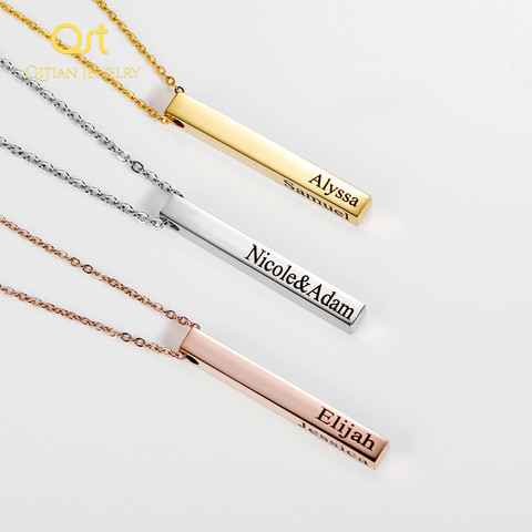 Qitian Statement Rose Gold Color Long Column DIY Engraved Pendants & Necklaces Women Personalized Name Bar Jewelry For Mom ► Photo 1/6