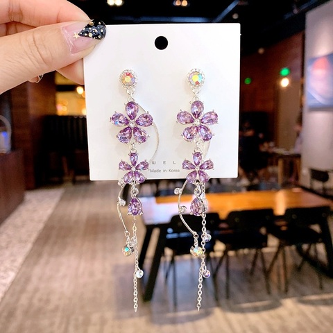 MENGJIQIAO New Korean Elegant Purple Flower Crystal Long Drop Earrings For Women Elegant Temperament Oorbellen Party Jewelry ► Photo 1/4