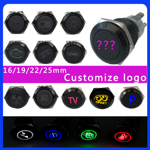 Customizable 19mm Alumina Momenary/Latching for car speaker horn Wipper  button switch  Led logo symbols light fixed  Car hazard ► Photo 1/5