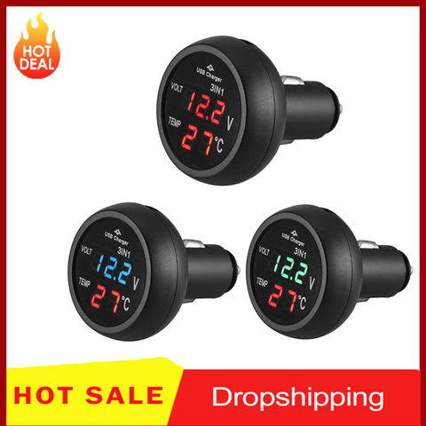 Universal 12V 24V Car Volt Meter Auto LED Digital Voltmeter Gauge Thermometer USB Charger Voltage Meter 3 in 1 Car LED Voltmeter ► Photo 1/6