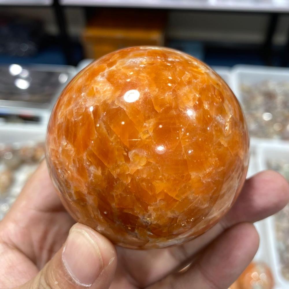60MM+SAND Natural Citrine Calcite Quartz Crystal Sphere Ball Healing Gemstone