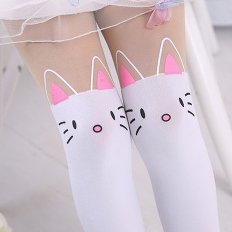 Buy Online Baby Cute Pantyhose Kids Tights Knee Fake Velvet Stocking White Cartoon Cat Children S Princess Girl Tights Stockings Tights Alitools