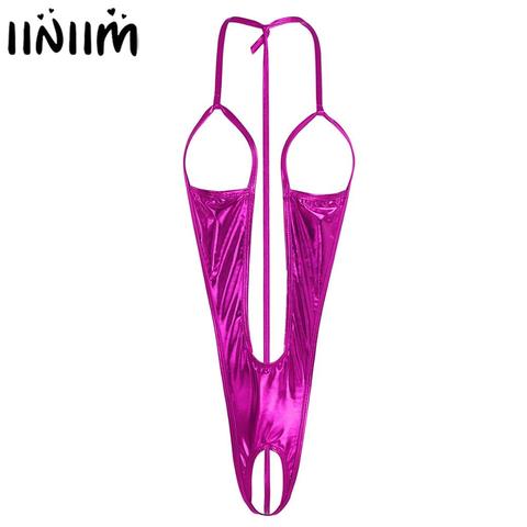 iiniim Sexy Womens Lingerie Bodycon Nightwear Leather Open Bust Backless Crotchless Bodysuit Bodystocking for Womens Body Suit ► Photo 1/1