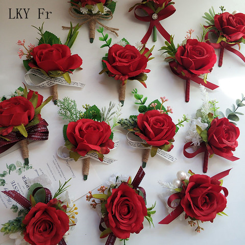 LKY Fr Boutonniere Groomsman Wedding Silk Roses Red Bridesmaid Bracelets Flowers Buttonhole Wedding Witness Marriage Accessories ► Photo 1/6