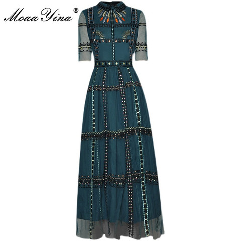 MoaaYina Fashion Designer Women's Turn-down Collar High waist Stripe Embroidery Vintage Mesh Dress Summer Elegant Party dress ► Photo 1/6