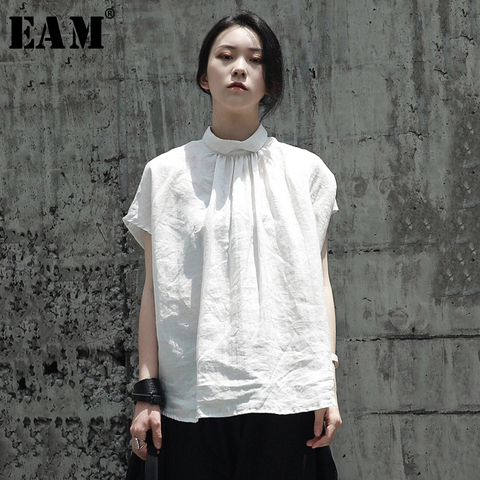 [EAM] Women White Linen Back Button Big Size Blouse New Satnd Collar Short Sleeve Loose Shirt Fashion Spring Summer 2022 JQ934 ► Photo 1/6