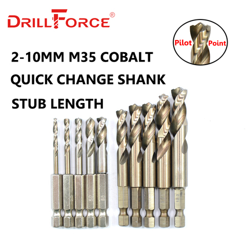 Drillforce 10PCS 2mm-10mm M35 HSSCO Cobalt Drill Bits HSS Twist Hex Quick Change Pilot Point Stub Drill Bit For Stainless Steel ► Photo 1/6