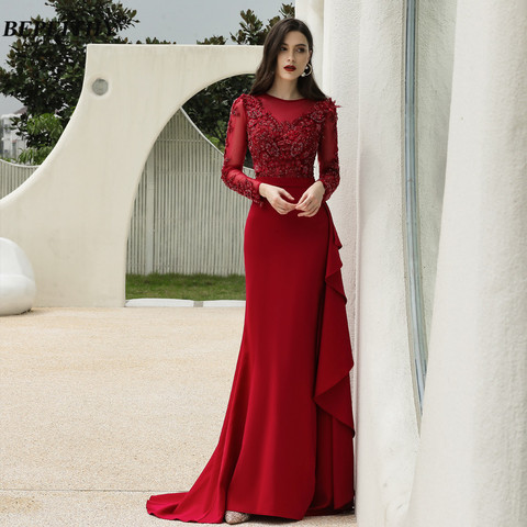 BEPEITHY O Neck Mermaid Lace Evening Dress Long Party For Women Sexy Full Sleeves Red Prom Gown Floor Length Sukienki Koktajlowe ► Photo 1/6