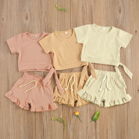 Summer Newborn Baby Girls 2-piece Outfit Suit Ribbed Short Sleeve Lace-up Tops+Shorts Clothes Set for Toddler Infant Girls ► Photo 1/6