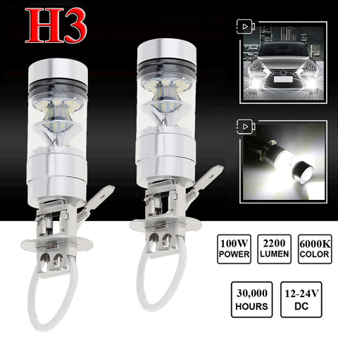 2pcs H3 Led Fog Light 100w Super Bright Chips Car Driving Bulb 12/24v White 1100lm / bulb 6000k White LED Car Light High Quality ► Photo 1/6