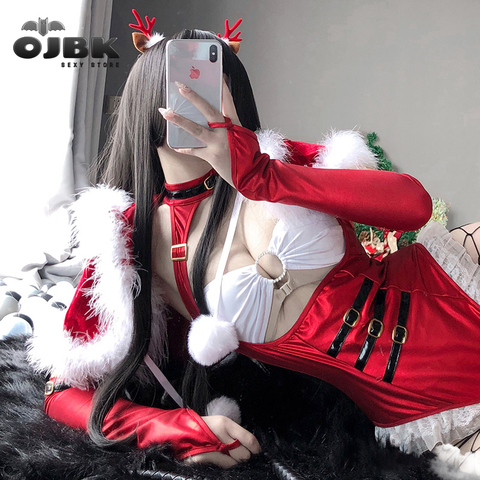 OJBK Red Christmas Princess Cosplay Costumes Sexy Bodysuit With Shawl Gloves Stocking Open Chest Outfit Temptation Anime Hot Set ► Photo 1/5