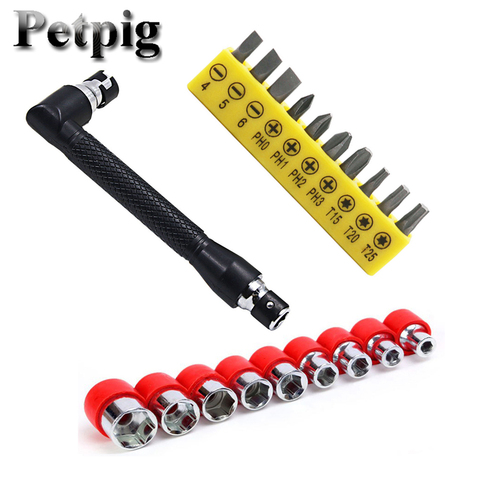 1/4 Mini Double-headed Multifunctional 90 Degree Right Angle L-type double  L-type socket Socket Wrench Screwdriver Sets with 10pcs Bit