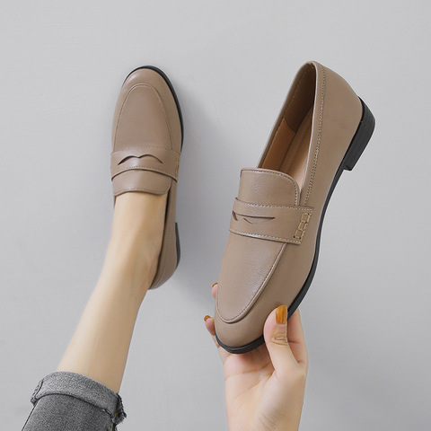 Vintage woman oxford shoes chunky heels loafers slip on brogues round toe all-match moccasins women leather derby shoes km98 ► Photo 1/6