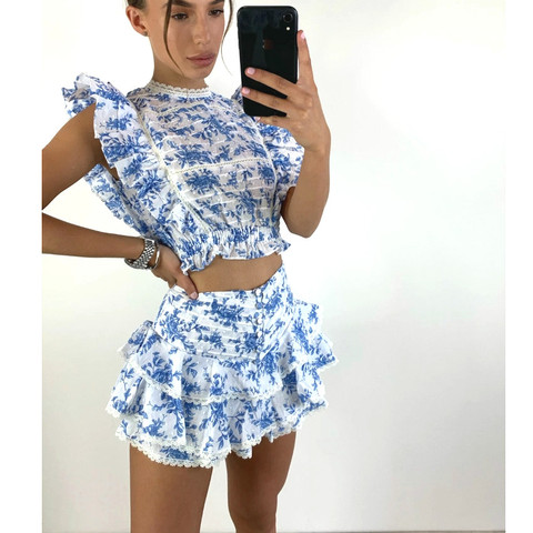 High Quality 2022 Sunday Set elastic waistband Cropped top with ruffle detail and cute ruffle mini shorts skirts ► Photo 1/6