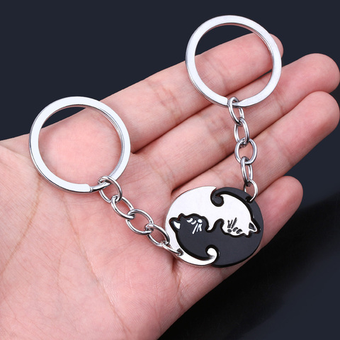 Hot New Cute Animal Black White Cat Couple Keychains Pendants Lover Keyring Pulsera For Women Men Choker Valentine's Day Gift ► Photo 1/6