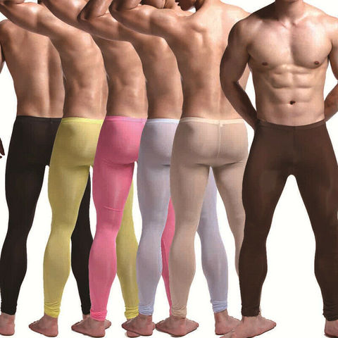 Sexy Men Long Johns Ice Silk Slip Homme Fitness Sexy Sleepwear Bottoms Trousers See Through Ultra-thin Leggings Gay Underwear ► Photo 1/6