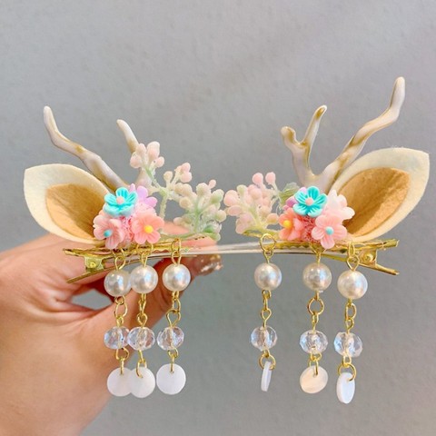 2Pcs Chinese tradditonal style hanfu Christmas Deer Antlers Hair Clips Flowers Girls Women Hairpins with tassel Hair Accessories ► Photo 1/6
