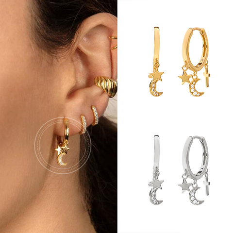 Light luxury 925 Silver Moon Star Drop Earrings Gold Ins Star Zircon Small Hoop Earrings For Women Korean Jewelry Gift A40 ► Photo 1/6